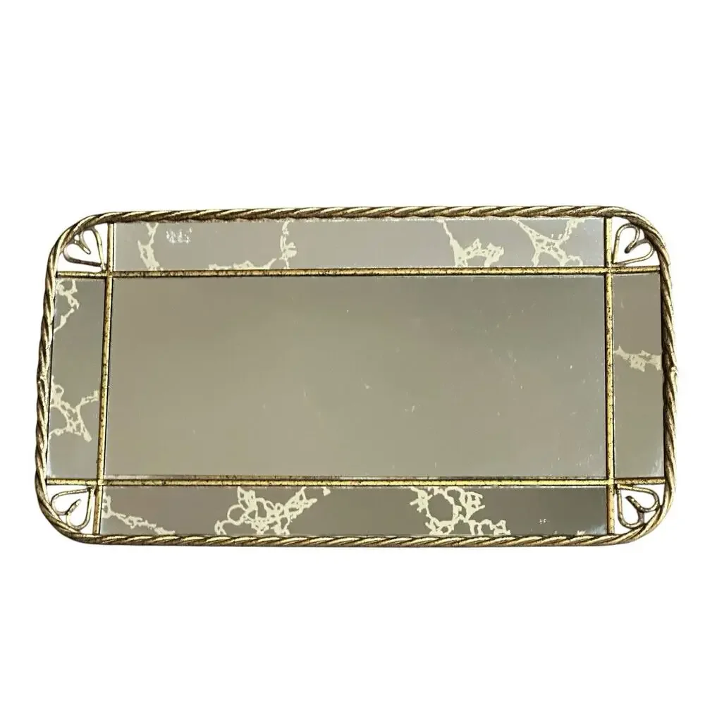 Homco Gold Tone Twisted Metal Frame Mirror Hanging or Table Top Vanity Tray Vtg